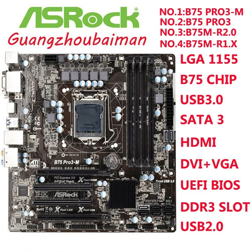 เมนบอร์ด ASROCK B75 PRO3-M Micro ATX B75 PRO3 สําหรับ INTEL LGA1155 B75 DDR3 USB3.0 SATA3