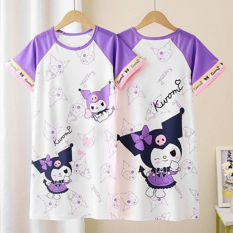 Kuromi pijamas ชุดนอน Sanrio ชุดนอนเด็กผู้หญิงสไตล์เกาหลีน่ารักแขนสั้น nightdress ฤดูร้อนการ์ตูนหลวมบางชุดยาวสวมใส่บ้าน 女睡童衣 三丽 Mida裙