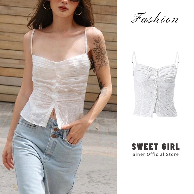 Secondly-women Camisole Spaghetti Straps แขนกุด Ruched Hollow โครเชต์ดอกไม้ปุ่ม Slim เสื้อกั๊ก Tank Tops
