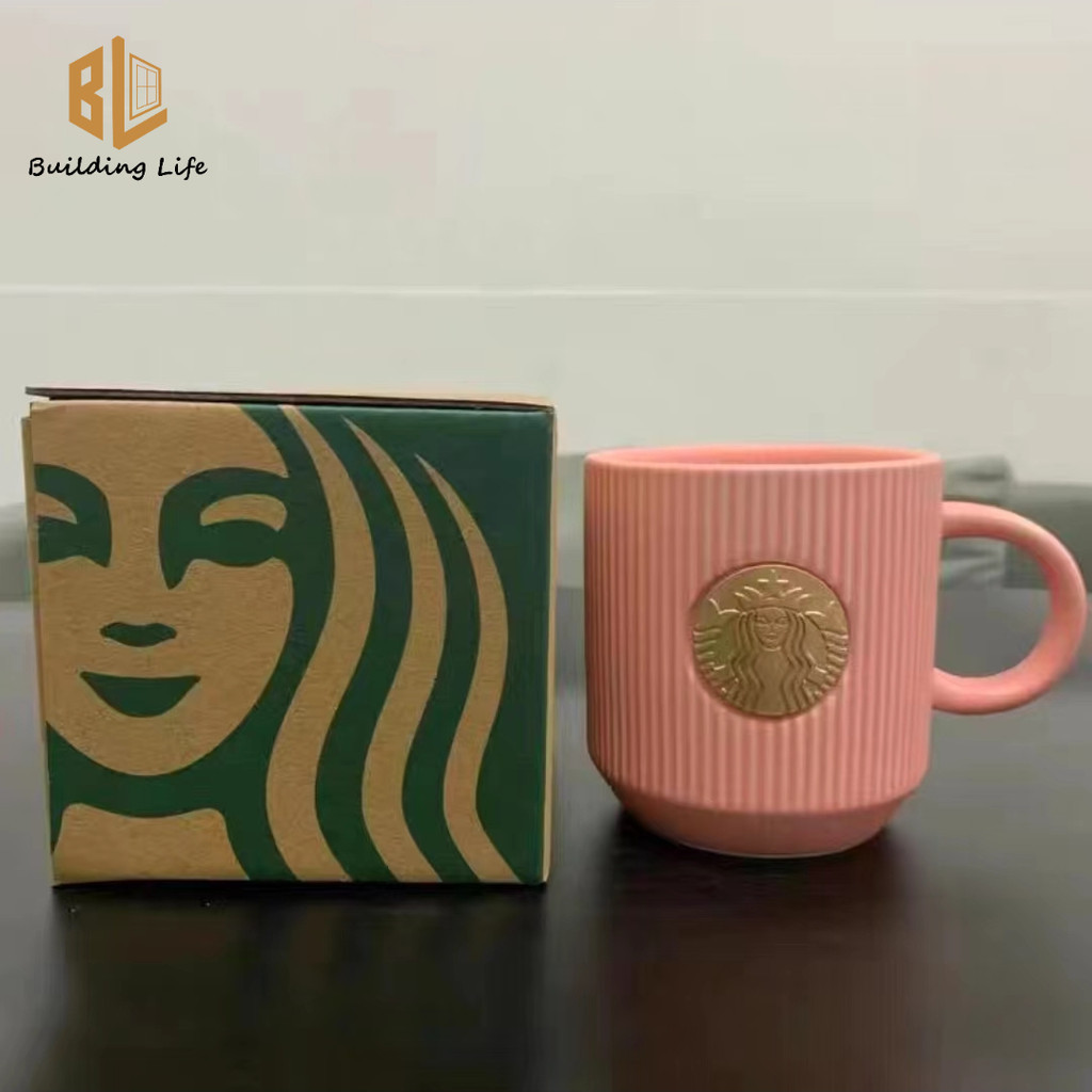 Starbucks แก้วกาแฟเซรามิค ลายซากุระ แนวตั้ง สีชมพู 340 มล.