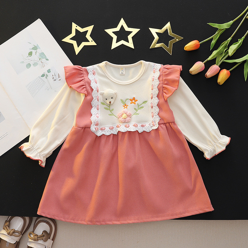 & พร้อมส่ง & ขายส่ง เสื้อผ้าเด็กทารก ฤดูใบไม้ผลิ เสื้อผ้าเด็กผู้หญิง เจ้าหญิง แขนยาว 2024 สไตล์ใหม่ การ์ตูนหมี ปักชุด
