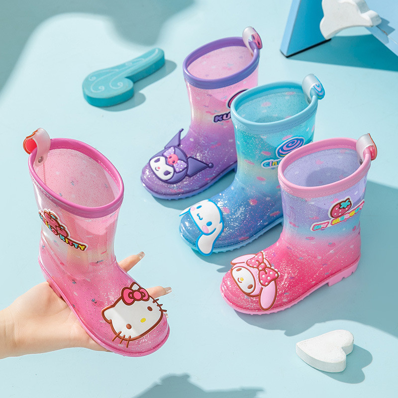 UABRAV รองเท้าบูท กันฝน พื้นหนา กันลื่น ลาย Hello Kitty Sanrio Kuromi สําหรับเด็กนักเรียนประถม อนุบาล