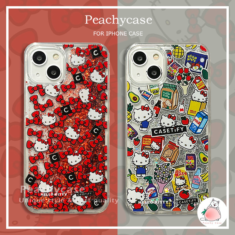 เคสโทรศัพท์มือถืออะคริลิคแข็ง ปิดด้านหลัง แบบกลิตเตอร์ในของเหลว ลาย Hello Kitty น่ารัก สําหรับ iPhone 15 14 Plus 13 12 11 Pro Max Xr Xs X 8 7 Plus