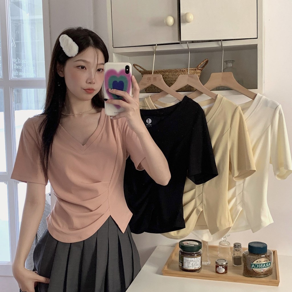 [HY] เสื้อยืดแขนสั้น คอวี แต่งจับจีบ ทรงไม่สม่ําเสมอ ขนาดใหญ่ สําหรับผู้หญิง และนักเรียน ไซซ์ M - 3xl
