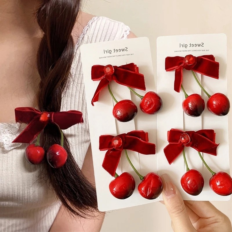 กิ๊บติดผม กํามะหยี่ สีแดง เชอร์รี่ - สําหรับเด็กผู้หญิง, ปาร์ตี้, ชีวิตประจําวัน - กิ๊บติดผม พระหวาน - เรซิน ผลไม้ โบว์ เครื่องประดับผม - กิ๊บติดผม กํามะหยี่ หรูหรา