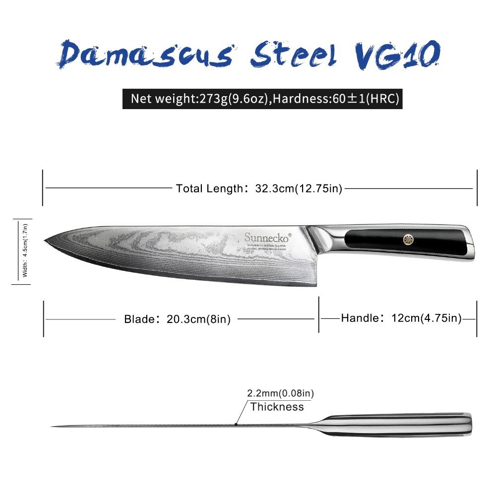 มีดสับเนื้อ มีดเชฟ มีดทำครัว Sunnecko 8" มีดครัว มีดกุ๊ก เหล็ก Japanese VG10 Damascus คมและแข็งมาก ด