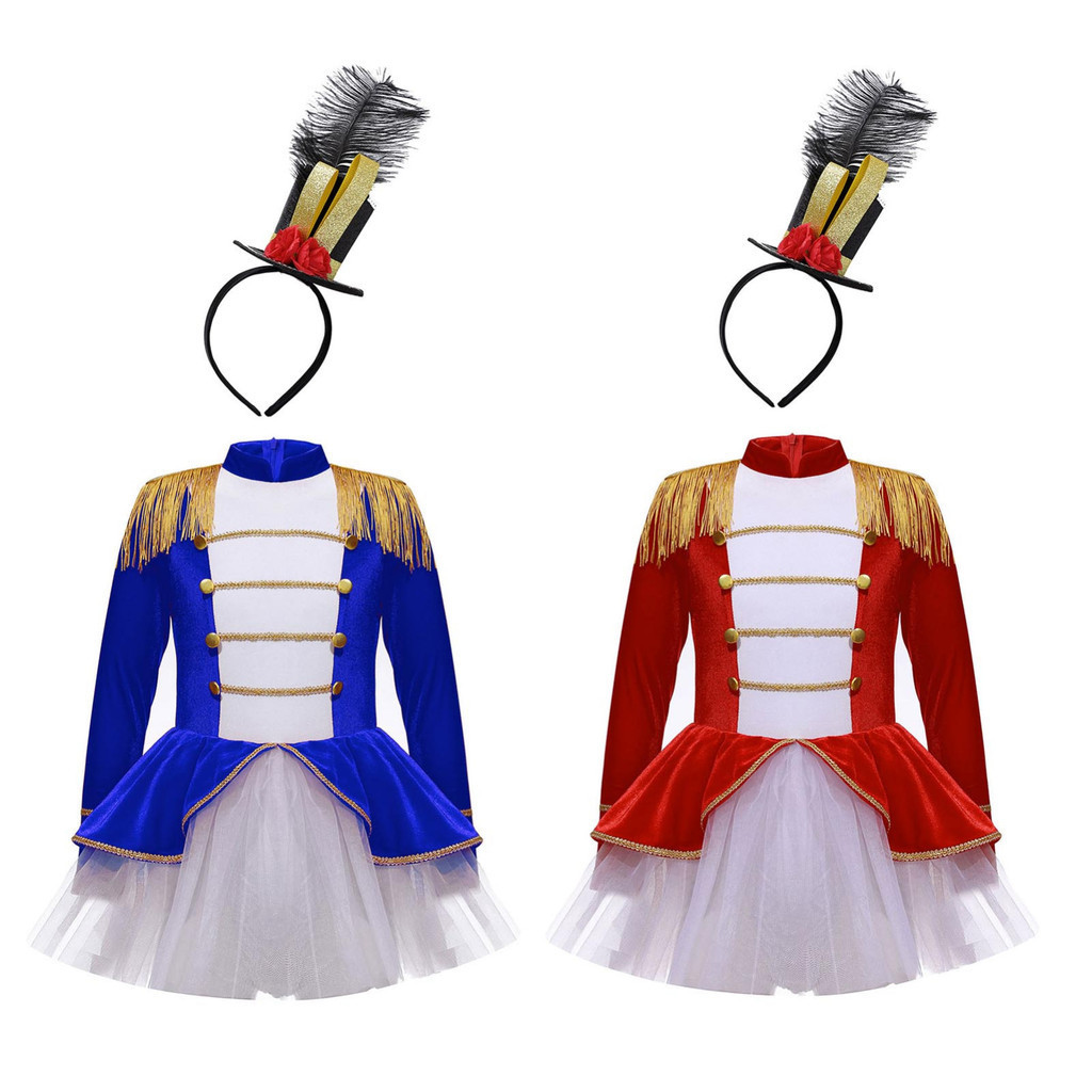 Rswnyirn เด็กสาว Ringmaster Circus เครื่องแต่งกายชุดแขนยาวพู่ไหล่กลับซิป Tutu Leotard ชุด Mini Top หมวก Feather แถบคาดศีรษะสําหรับฮาโลวีนคอสเพลย์ Dress Up Perfo