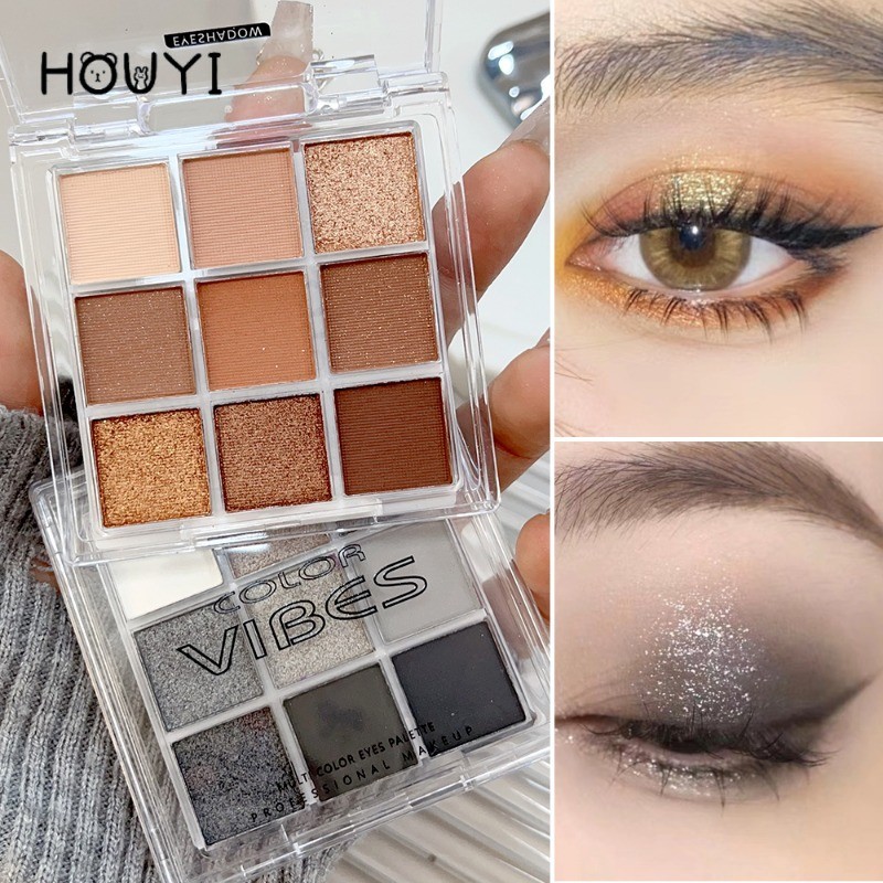 พาเลตต์อายแชโดว์ กลิตเตอร์ สีม่วง สีฟ้า ชิมเมอร์ ประกายมุก 9 สี สําหรับแต่งหน้า