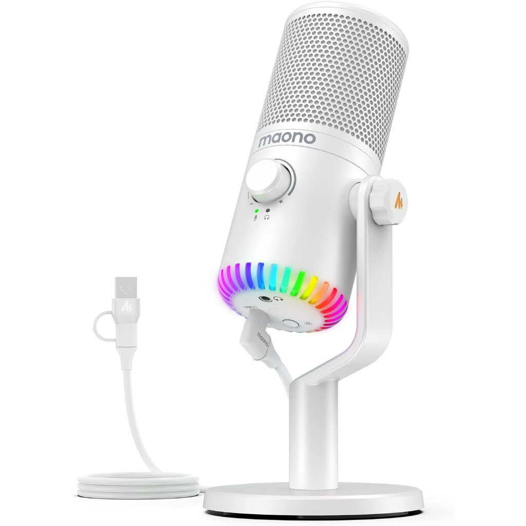 MAONO DM30 RGB White USB Condenser Microphone สําหรับ PC คอมพิวเตอร์ โทรศัพท์มือถือ เล่นเกม