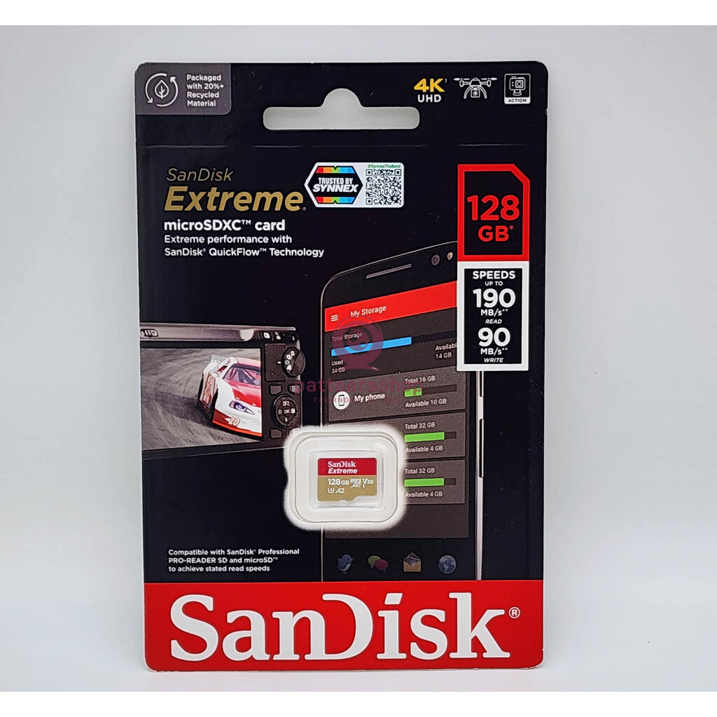 Memory Card เมมโมรี่ Sandisk Extreme 128GB. ของแท้ ประกัน 10 ปี (Micro SD Card) มาตรฐาน U3 (A2 V30)