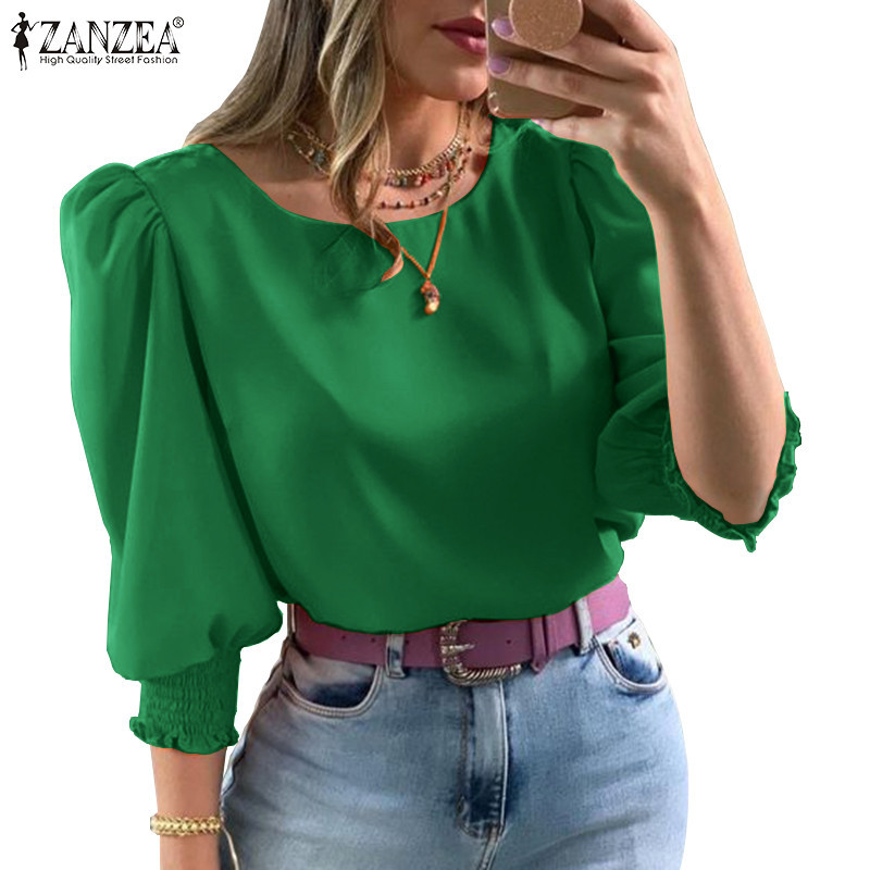 Zanzea เสื้อเบลาส์ลําลอง คอกลม แขนพัฟ สีพื้น สไตล์วินเทจ สําหรับผู้หญิง