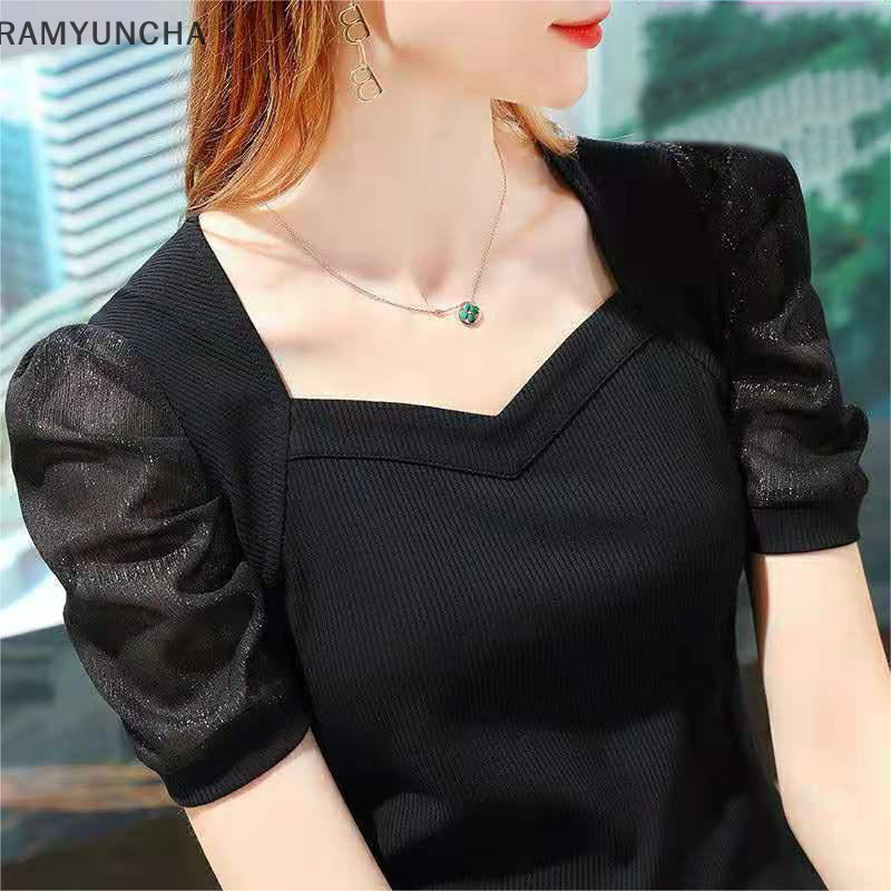 Ram เสื้อยืดแขนสั้น เข้ารูป สีพื้น แฟชั่นฤดูร้อน สไตล์ฝรั่งเศส สําหรับผู้หญิง OTC