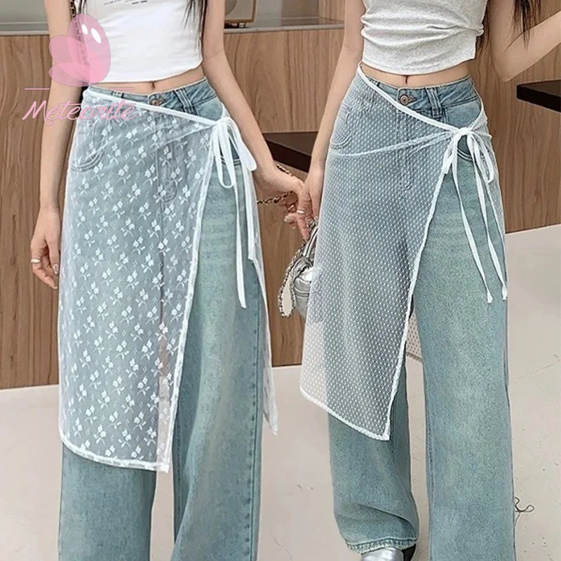 กระโปรงยีน ผ้าโปร่ง ปักลายลูกไม้ ดอกไม้ สไตล์เกาหลี สําหรับผู้หญิง Y2k