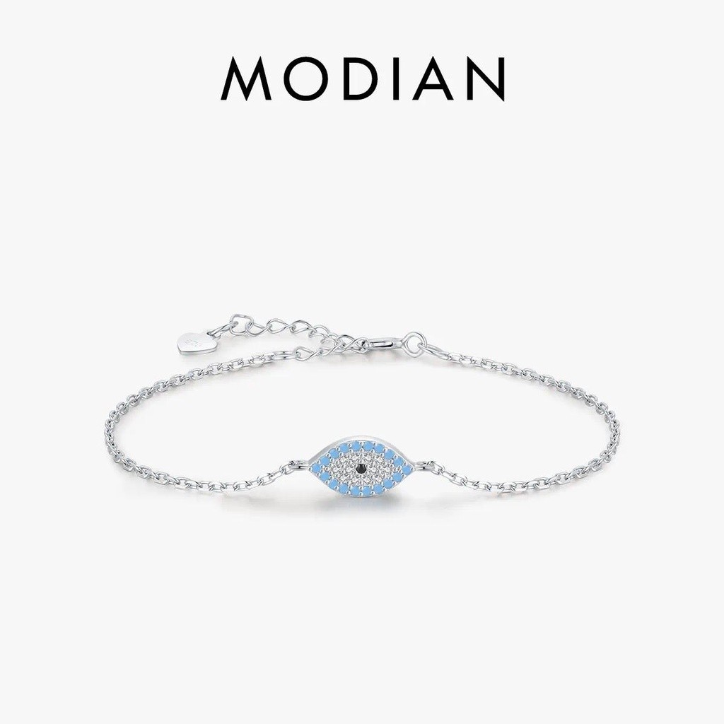 Modian Pure 925 เงินสเตอร์ลิงแฟชั่นธรรมชาติ Turquoise Blue Eyes สร้อยข้อมือ Chain Link สําหรับผู้หญิง Pave การตั้งค่า CZ Fine เครื่องประดับ