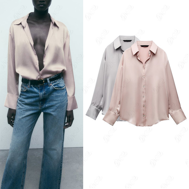 Zara สไตล์ใหม่ปกหลวมแขนยาวกระดุมแถวเดียวผ้าไหมซาตินเนื้อ Dra 8741236