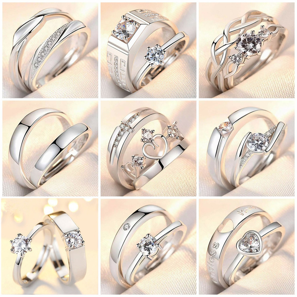 แหวนเงินสเตอร์ลิง ประดับเพชร เครื่องประดับ สําหรับคู่รัก งานแต่งงาน ของขวัญ 2 ชิ้น ต่อชุด