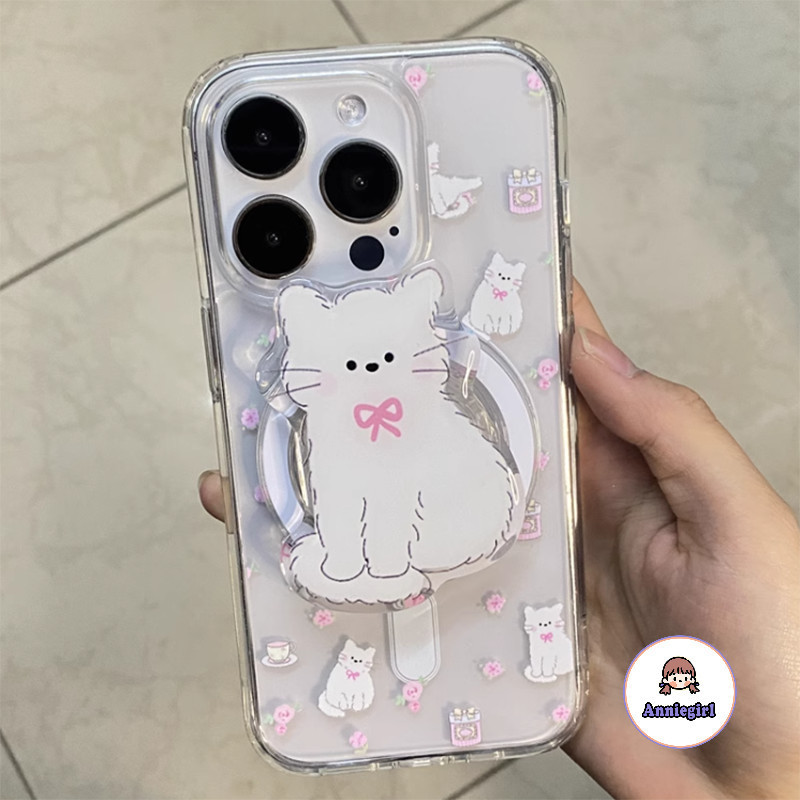 เคสโทรศัพท์มือถือ แบบแม่เหล็ก รูปแมวน่ารัก ประดับโบว์ สีชมพู สําหรับ IPhone 11 15 14 Pro Max 12 13Promax XS XR 7 8plus