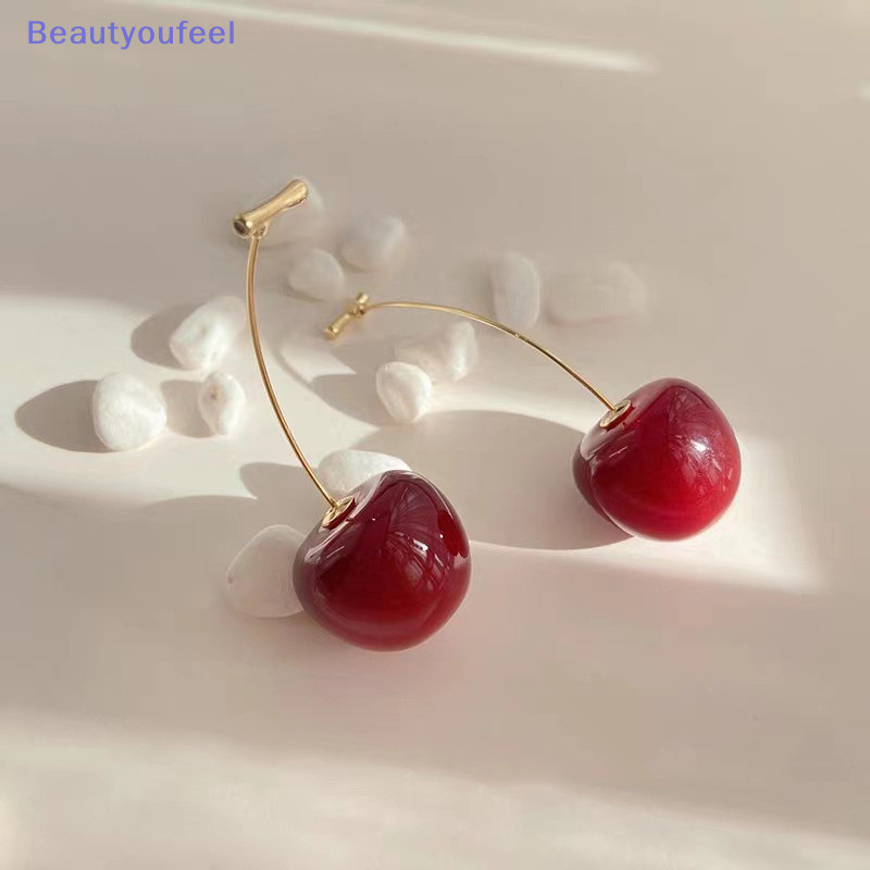 [Beautyoufeel] ต่างหูสเตนเลส จี้เชอร์รี่ เชอร์รี่ สีแดง ขนาดเล็ก สําหรับผู้หญิง