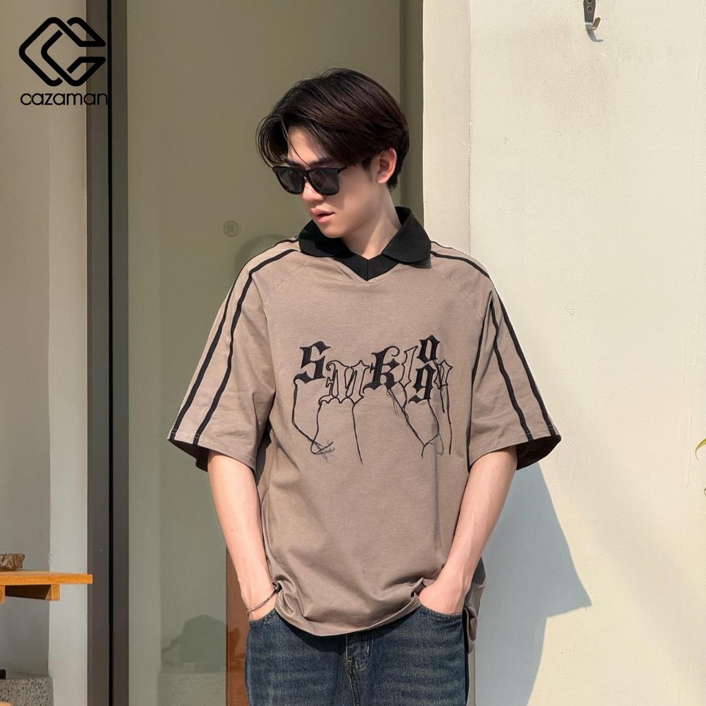 CAZAMAN เสื้อโอเวอร์ไซส์ เสื้อยืดคอกลม สีพื้น​ แขนสั้นสีขาว ทรงโอเวอร์ไซส์ 2174