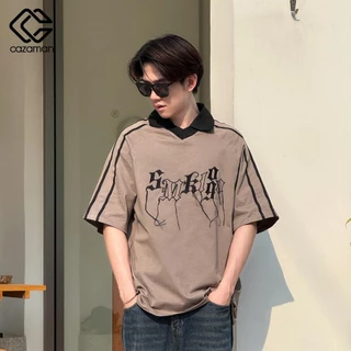 CAZAMAN เสื้อโอเวอร์ไซส์ เสื้อยืดคอกลม สีพื้น​ แขนสั้นสีขาว ทรงโอเวอร์ไซส์ 2174