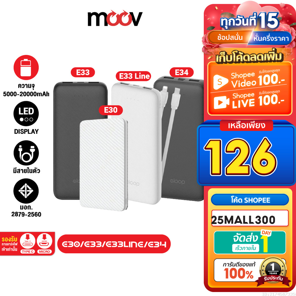 [126บ. ลดโหด] Eloop E30 / E33 / E33 Line / E34 แบตสำรอง 5000mAh 10000mAh 20000mAh Powerbank พาวเวอร์แบงค์