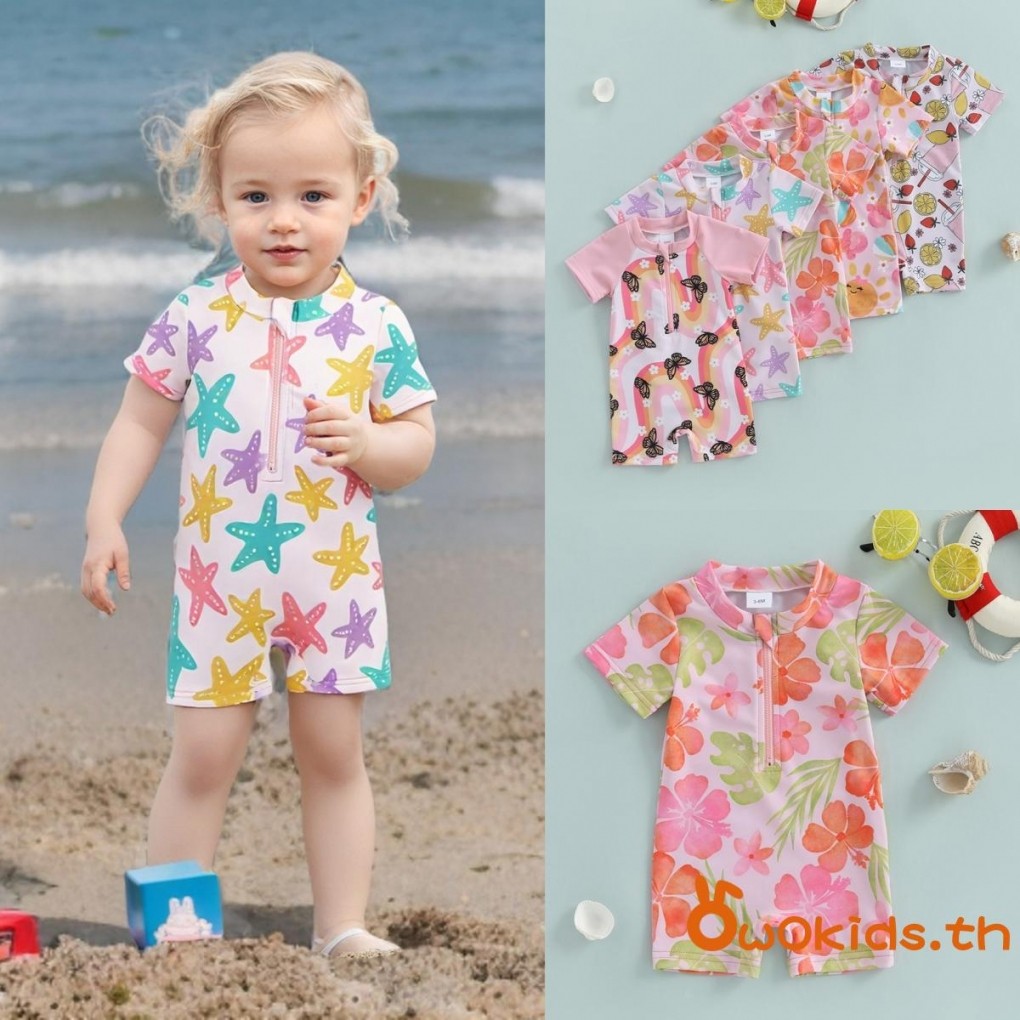 Girls Rash Guard ชุดว่ายน้ําแขนสั้น O คอสายรุ้ง/ดาว/ดอกไม้/ไอศกรีมพิมพ์ว่ายน้ํา Romper