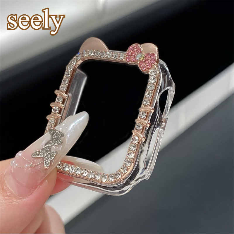 (8 สี) Hello Kitty Diamond Bow Bling Case สําหรับ iWatch ขนาด 42mm 46mm 40mm 41mm 44mm 45mm Diamond Bumper Hollow Shell สําหรับ AppleWatch Series 11 10 9 8 7 6 5 4 SE 2 Smartwatch Case