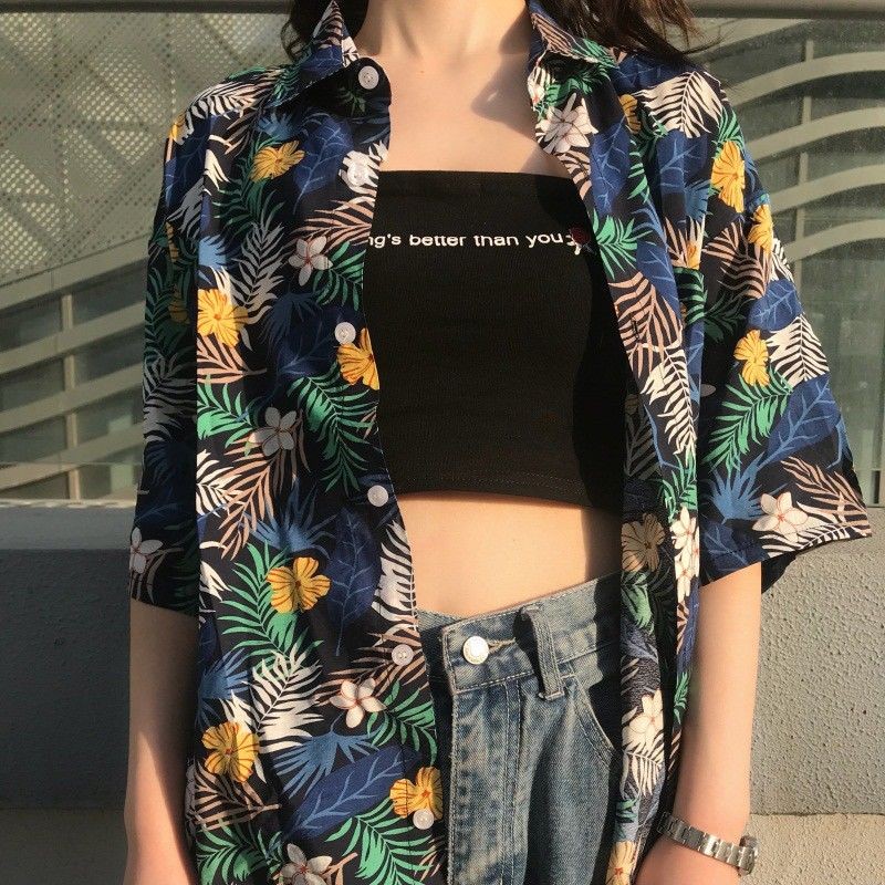 เสื้อเชิ้ตแขนสั้นลายดอกไม้ สไตล์เกาหลีทรงหลวม thumbnail 3