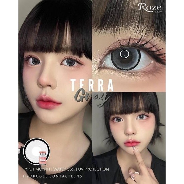 คอนแทคเลนส์ Hydrogel  ขนาดบิ๊กอาย ใหญ่มาก  Terra (Rozelens) สี Brown/Gray มีค่าสายตา (0.00)-(-10.00) รายเดือน มี อย.