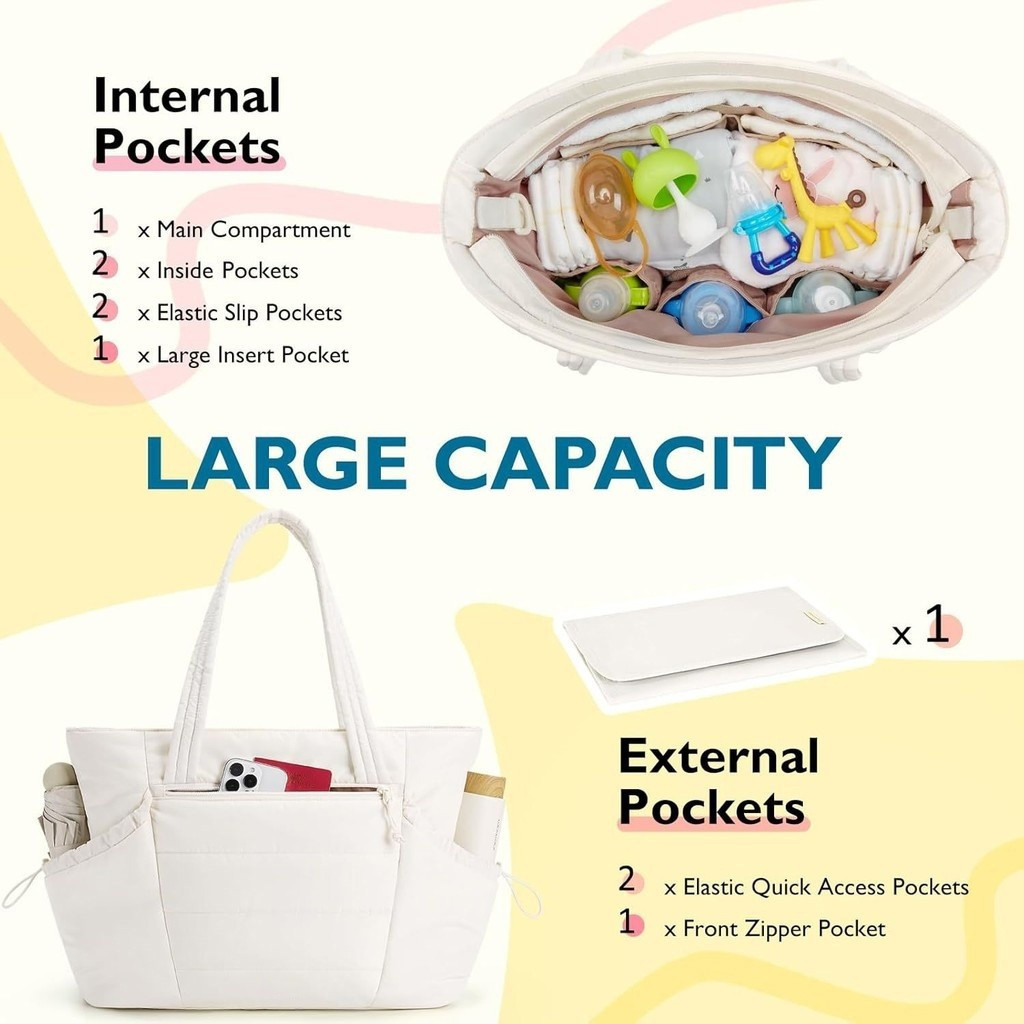 Nokr 2024 กระเป๋าผ้าอ้อมกันน้ําความจุขนาดใหญ่- Baby Tote Organizer พร้อมสายรัดรถเข็นเด็กและกระเป๋าหุ้มฉนวน Travel Hospital Essentials + แผ่นรองเปลี่ยนฟรี
