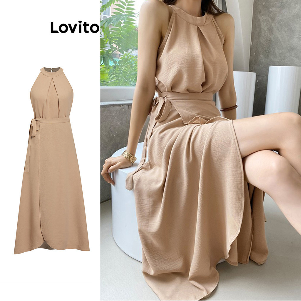 Lovito ชุดเซ็ทกระโปรงป้ายหน้า พร้อมเสื้อ แต่งจีบ สีพื้น สไตล์หรูหรา สำหรับผู้หญิง L77ED259