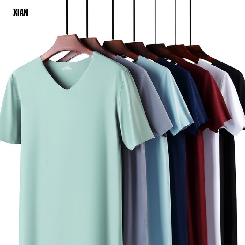 เสื้อยืดแขนสั้น คอวี ผ้าเรยอน แบบบาง เข้ารูป ไร้รอยต่อ สีพื้น แฟชั่นฤดูร้อน สําหรับผู้ชาย