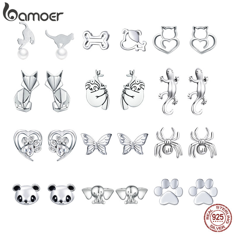 Bamoer ต่างหูเงินสเตอร์ลิง 925 จี้รูปแมวน่ารัก ประดับมุก เครื่องประดับ สําหรับผู้หญิง