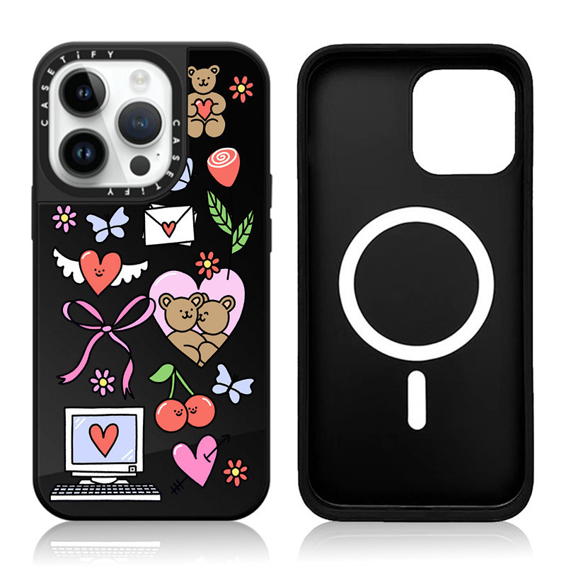 Casetify X Love สติกเกอร์แม่เหล็กดูด สีดําและสีเงิน เคสกระจก Apple IPhone 15 14 13 12 Pro Max เคสหลังแข็ง พร้อมโลโก้แกะสลักกล่อง