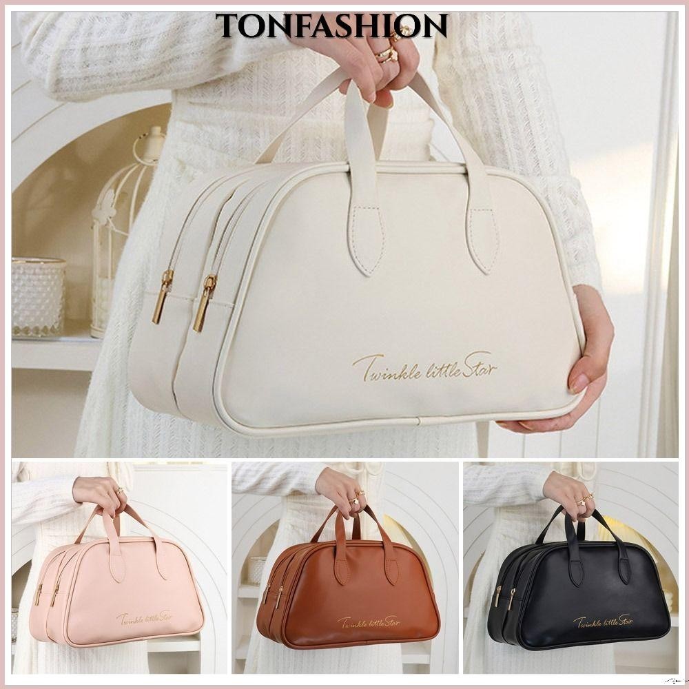Tonfashion กระเป๋าเครื่องสําอาง หนัง PU สองชั้น ความจุขนาดใหญ่ กันน้ํา อเนกประสงค์ สําหรับบ้าน ออฟฟิศ