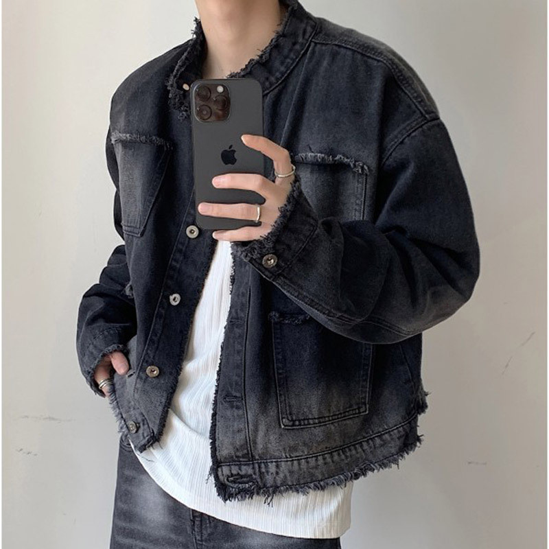 เสื้อแจ็กเก็ตยีนสั้น แต่งระบาย แต่งขนเฟอร์ แต่งไล่โทนสี สไตล์เรโทร สําหรับผู้ชาย