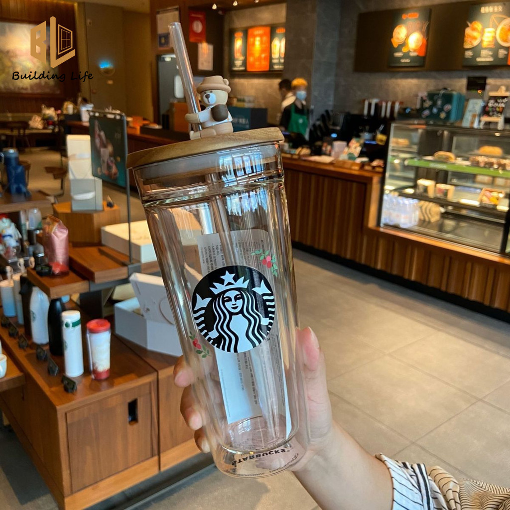 Starbucks แก้วน้ําสองชั้น ลายหมี พร้อมหลอดดูด กันลวก ความจุขนาดใหญ่ 591 มล.