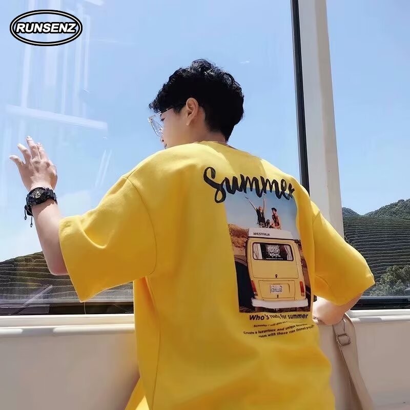 เสื้อยืดแขนสั้นลําลอง ทรงหลวม ขนาดใหญ่ สีเหลือง แฟชั่นสําหรับผู้ชาย ไซซ์ M - 8XL