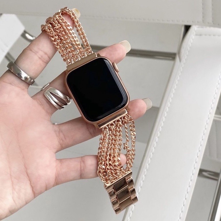 สายนาฬิกาข้อมือ สายโซ่สเตนเลส ประดับพู่ สําหรับ Apple Watch Applewatch S9 8 7 6 SE iwatch รุ่นที่ 9