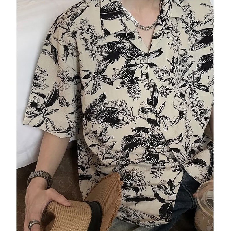 ญี่ปุ่นวินเทจผู้ชายฤดูร้อนคิวบาปกหมึกดอกไม้เสื้อ - รูปที่ 3