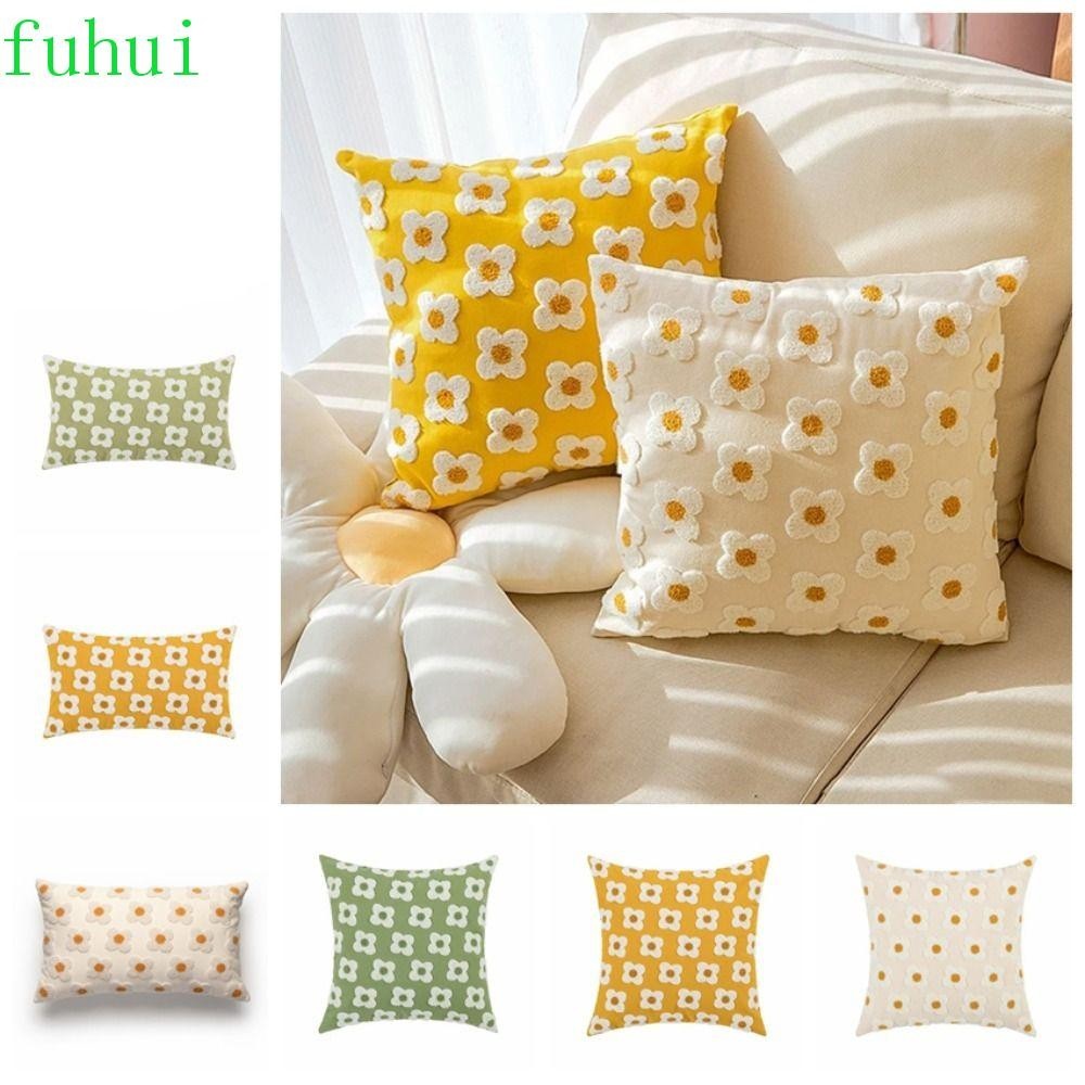 Fuhui ปลอกหมอน ผ้าฝ้าย ทรงสี่เหลี่ยมผืนผ้า ปักลายดอกไม้ สไตล์สี่เหลี่ยมผืนผ้า สําหรับตกแต่งบ้าน