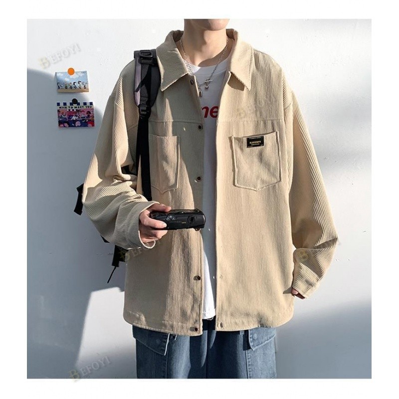 เสื้อเชิ้ตแขนยาวลําลอง คอปกโปโล ผ้าลูกฟูก ทรงหลวม สีกากี สไตล์ฮ่องกง สําหรับผู้ชาย ZYQ324