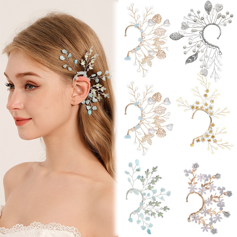 ใหม่ แฟชั่น คริสตัล ดอกไม้ ต่างหู ข้อมือ พร้อมใบไม้ แฮนด์เมด ไม่เจาะหู ต่างหูหนีบ สําหรับผู้หญิง
