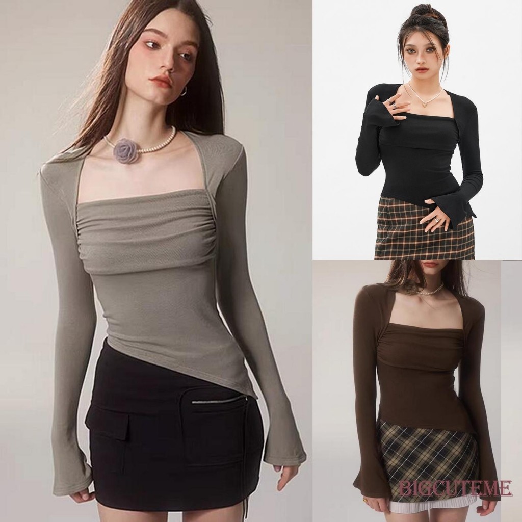 [] - เสื้อยืดแขนยาว คอสี่เหลี่ยม สีพื้น เสื้อลําลอง คอสี่เหลี่ยม สีพื้น สําหรับผู้หญิง