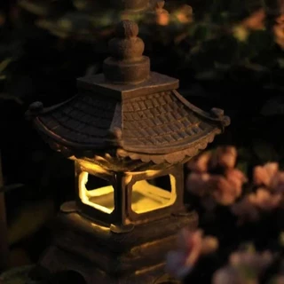 Rookiedd4 พลังงานแสงอาทิตย์ LED เจดีย์โคมไฟ,เรซิ่นรูปปั้นประณีต, Zen Stone Tower Decor งานฝีมือสร้างสรรค์ Landscap โคมไฟตกแต่งสวน