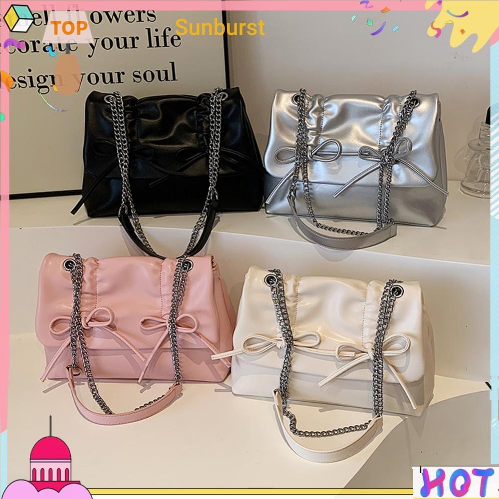 [Sunburst11.th] กระเป๋าสะพายไหล่ หนัง PU ประดับโบว์ พร้อมสายโซ่คล้อง สําหรับผู้หญิง
