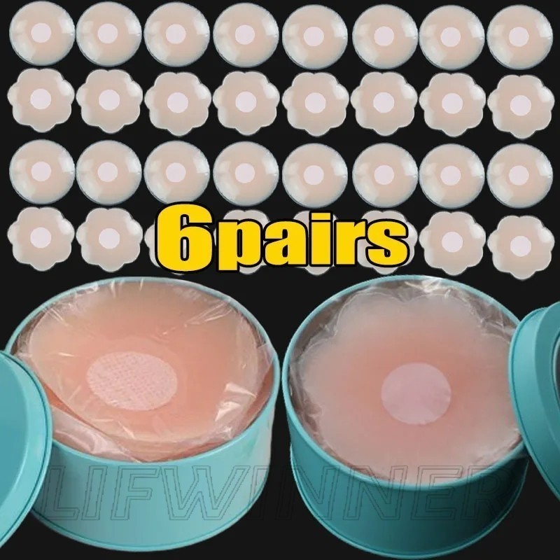 แผ่นแปะจุกนม ชุดชั้นใน แบบซิลิโคน มีกาวในตัว สําหรับผู้หญิง 6 คู่ ต่อกล่อง