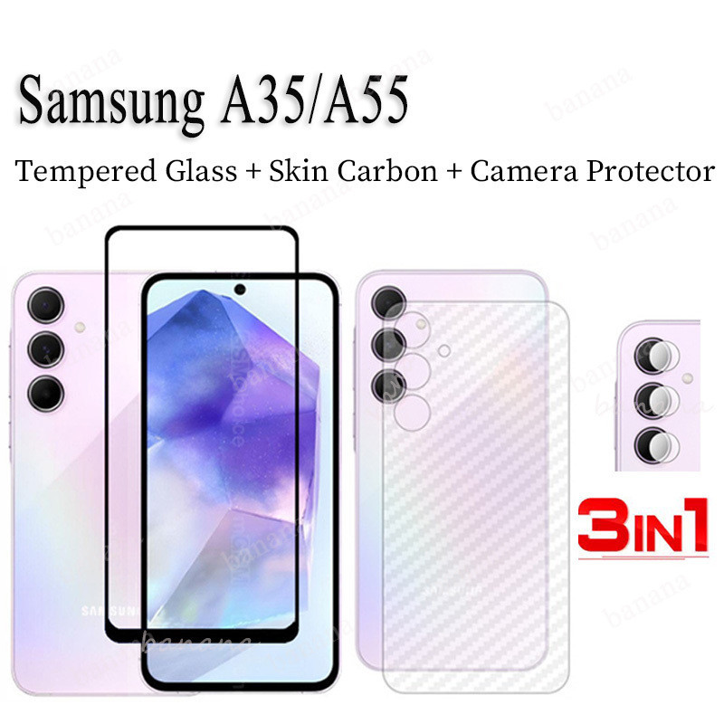 3 IN 1 ฟิล์มกระจกนิรภัยกันรอยหน้าจอ และเลนส์ และฟิล์มด้านหลัง สําหรับ Samsung A55 5G A35 A15 A05 A05S