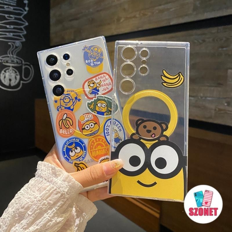 เคสโทรศัพท์มือถือแบบแข็ง TPU ใส กันกระแทก พร้อมที่ชาร์จแม่เหล็กไร้สาย ลายหมี สําหรับ Samsung Galaxy Ultra S24 S23 S22 Ultra S21 Plus S20 A54 A34 A73 A32 A51 A31