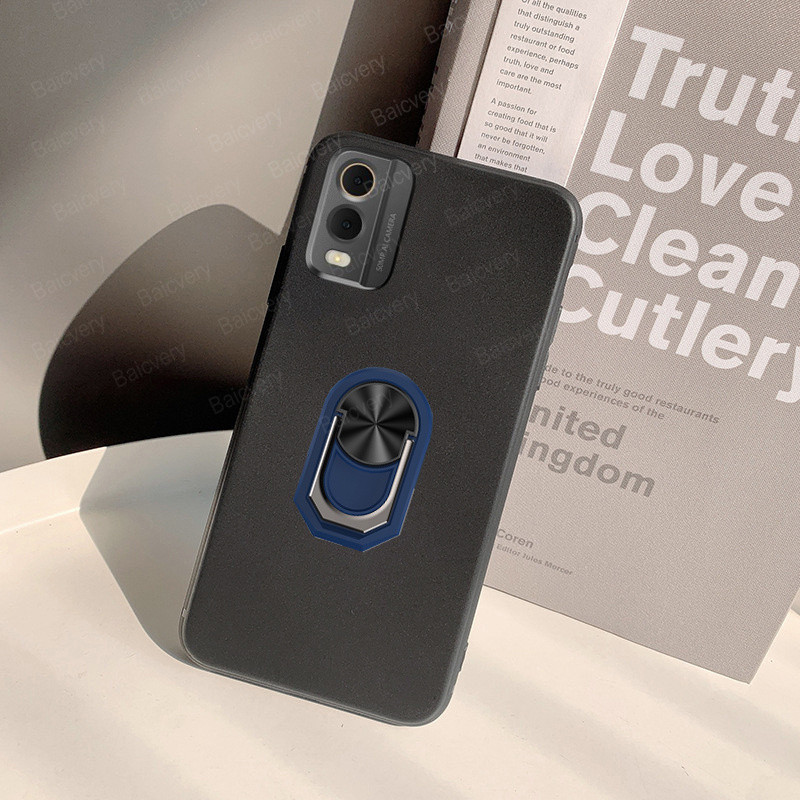 เคสโทรศัพท์มือถือแบบนิ่ม TPU ผิวด้าน กันกระแทก พร้อมแหวนขาตั้งแม่เหล็ก สีดํา สําหรับ Nokia C32 TA-15